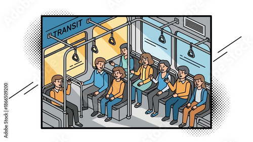 Colorful isometric bus interior with diverse passengers in transit scene