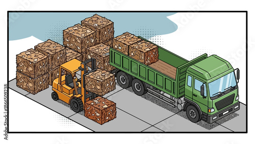 Isometric urban recycling scene with forklift and truck handling compressed cardboard bales