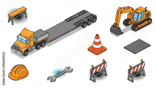 Isometric construction equipment set with truck, excavator, and safety icons