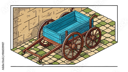 Vintage isometric wooden cart on cobblestone pathway with stone wall