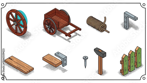 Isometric set of medieval tools and accessories for construction