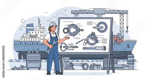Shipyard worker explaining machinery parts on a whiteboard.