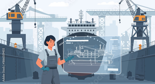 Shipyard worker inspecting ship blueprint with digital interface.