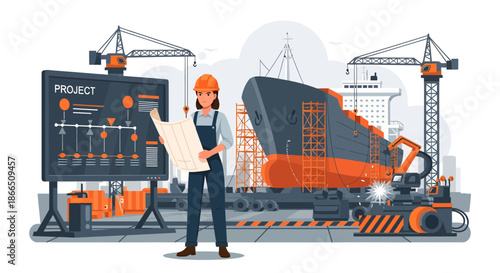 Shipyard worker overseeing construction project with blueprint and project board.