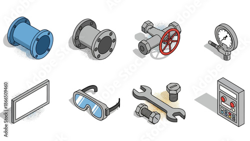 Isometric industrial equipment set with tools and instruments