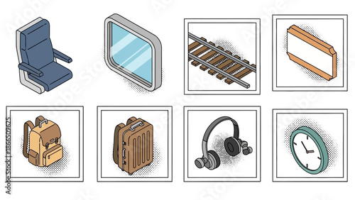 Isometric transportation and travel items collection in pop art style