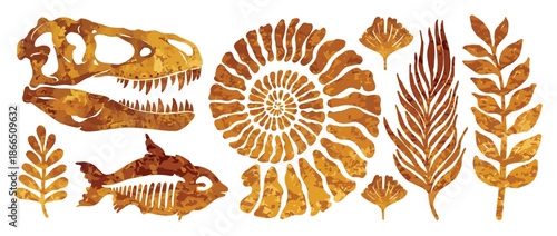 Archeologic Fossil Dig Vector Set with Dinosaur Footprints, Fish Skeleton, Sea Animals, Shells and Ancient Plants. Prehistoric Evolution Elements on Sandstone and Limestone Background
