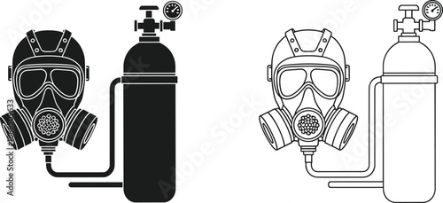 Gas mask and oxygen tank silhouettes set representing safety equipment, respiratory protection, emergency preparedness, and industrial hazard prevention black and white vector illustration
