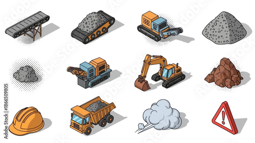 Construction equipment and machinery icons in isometric style on white background