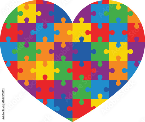 Colorful Jigsaw Puzzle Pieces Forming Heart Shape Symbolizing Autism Awareness And Neurodiversity Love Support And Inclusion For Special Needs Children In Community Solidarity Concept.