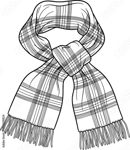 Hand drawn scarf line art illustration with plaid pattern and fringes, fashion accessory outline vector for winter clothing design