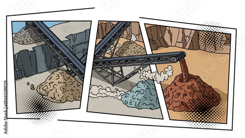 Industrial quarry comic panels depicting rock processing and conveyor system