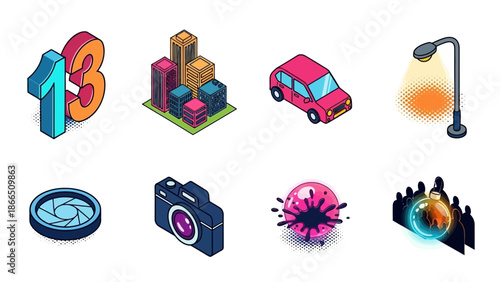 Colorful isometric icons: urban, vehicle, and technology elements