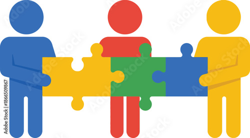 Three Colorful Abstract People Figures Holding Big Jigsaw Puzzle Pieces Connecting Together Concept For Teamwork Cooperation And Social Inclusion Symbolizing Unity Partnership Success.
