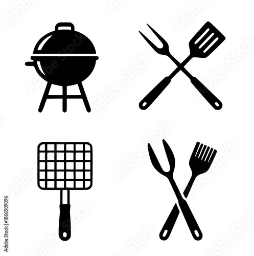 4 grilling tools illustrations, silhouette, transparent background