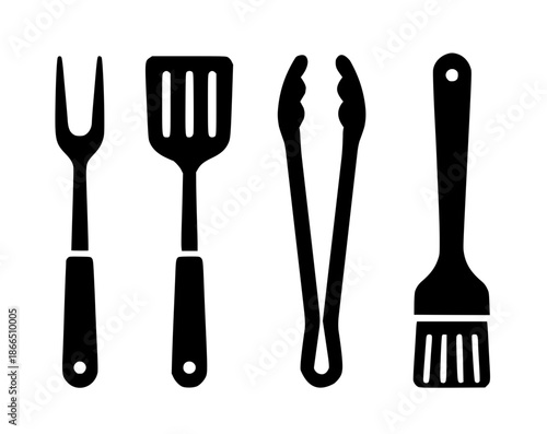 4 grilling tools illustration icons, silhouette, transparent background