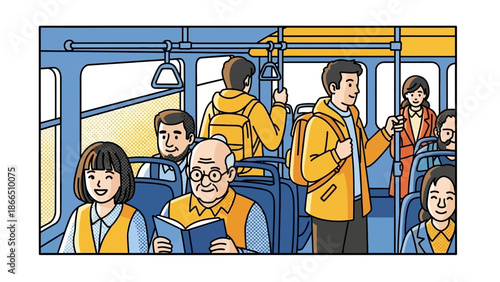 Colorful scene of commuters enjoying their bus ride in modern style