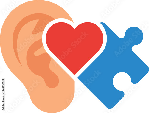 Human Ear With Red Heart And Blue Jigsaw Puzzle Piece Symbolizing Listening With Love And Understanding For Autism Awareness And Support Concept For Special Needs Child Education Care.