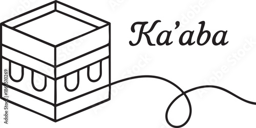 Simple line art illustration of the Kaaba a holy Islamic site with elegant script text perfect for religious or cultural designs