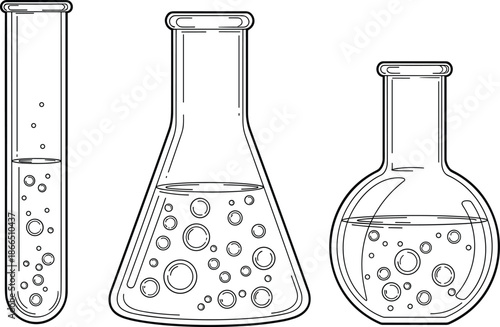 Laboratory glassware line art vector set with test tube conical flask and round bottom flask, chemistry experiment illustration isolated