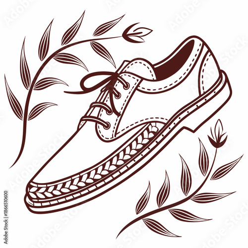 Title: Brown and white of a lace-up shoe with a bow detail and intricate leaf pattern on the sole