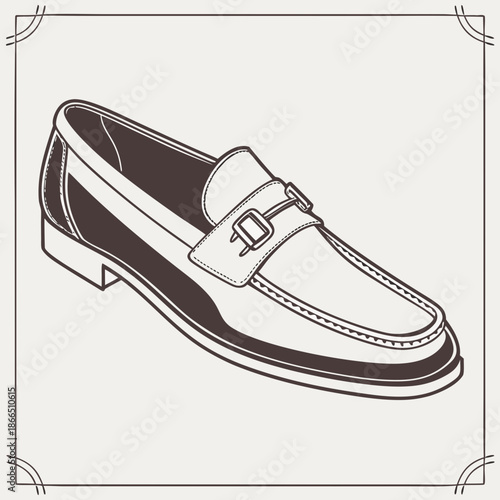Title: Black dress shoe with a white buckle and detailed stitching in a side view
