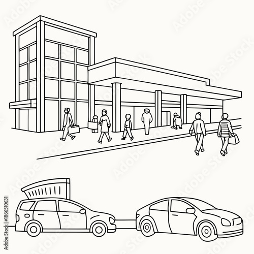 Title: A detailed of a modern building with people walking and cars parked in front