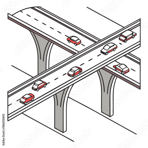 Title: A detailed of a multi-level highway interchange with several cars traveling on different