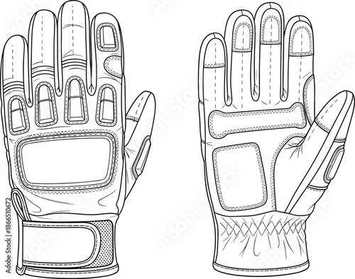 Protective work gloves line art vector illustration showing front and back views, detailed safety handwear design for industrial and mechanical use