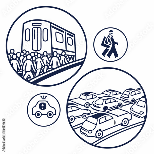 Title: Four circular representing different modes of transportation and urban mobility