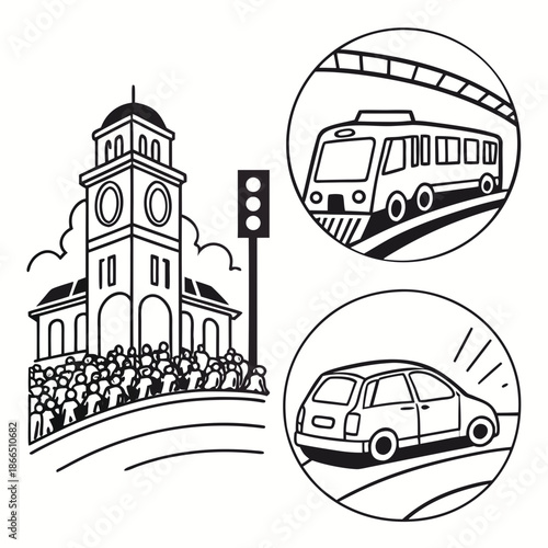 Title: Three circular and a clock tower representing different modes of transportation and urban