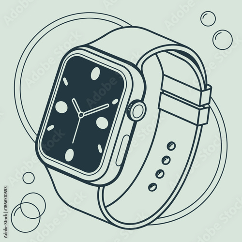 Title: A digital of a smartwatch with a rectangular face and a black strap featuring a digital