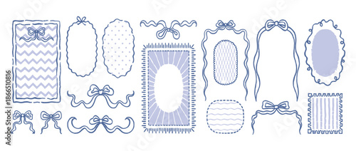 Whimsical vintage frame border with bow ribbon, hand drawn coquette blue line vector illustration for wedding and birthday menu design, watercolor coastal style background, cute poster and elegant sta