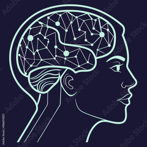 Title: A human head profile with a brain showing neural connections and networks