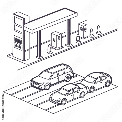 Title: Three cars are parked at a gas station with fuel pumps and traffic cones indicating a
