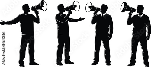 Man with megaphone silhouettes set representing public speaking, announcements, marketing communication, leadership messages, and business promotion in black and white vector illustration