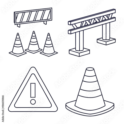 Title: A set of black and white line featuring traffic cones road barriers and warning signs