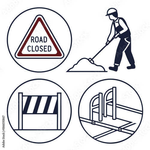 Title: Road construction signs and a worker with a shovel indicating road work and restrictions