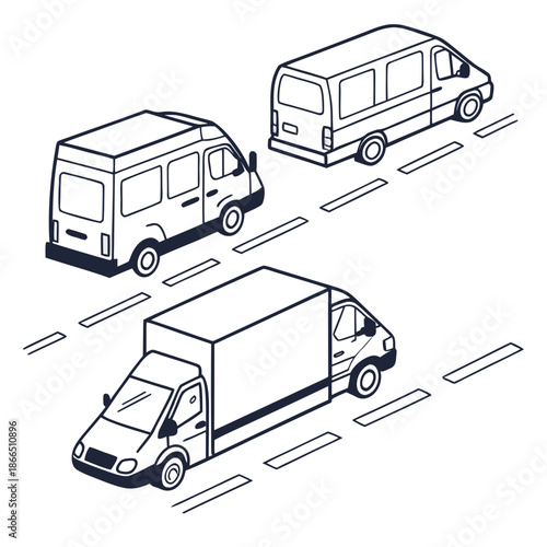 Title: Three different types of vans parked in a parking lot including a passenger van, a cargo
