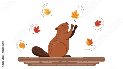 Happy Beaver Playing With Colorful Leaves In Autumn Season On The Wood