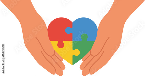 Two Hands Holding Colorful Jigsaw Puzzle Heart Symbolizing Autism Awareness And Neurodiversity Love Support And Care For Children With Special Needs In Community Solidarity And Inclusion.