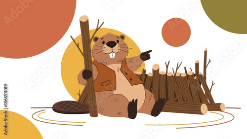 Happy Beaver Constructing A Dam With Pointing Gesture Autumnal Colored Design