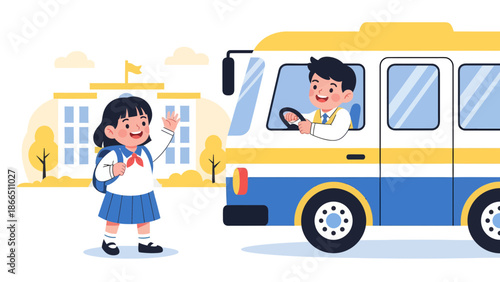 Happy Schoolgirl Waves Goodbye To School Bus Driver Near Schoolhouse