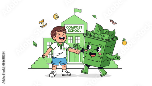 Happy Schoolboy Greets Compost Bin Mascot At Eco School Promoting Recycling