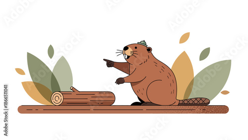 Happy Beaver Pointing Sitting On A Branch With Fall Leaf Backdrop Graphic