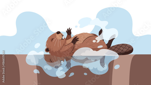 Happy Beaver Lounging Relaxing On The Water Cartoon Illustration For Education