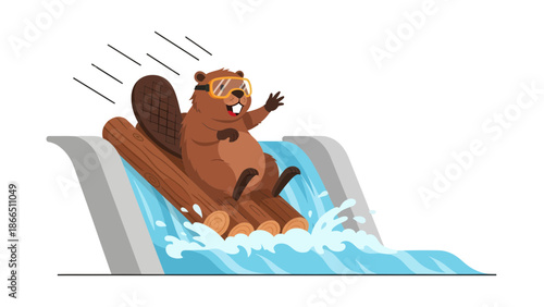 Happy Beaver Riding Log Flume Amusement Park Having Fun Water Splash Adventure