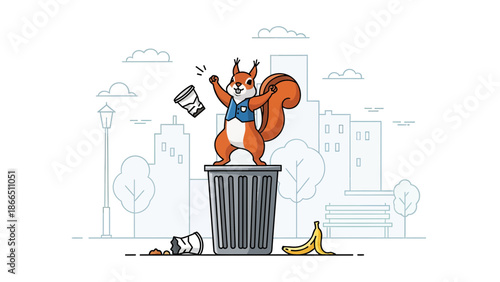 Happy Squirrel Celebrating Victory On Top Of A Garbage Can In The City
