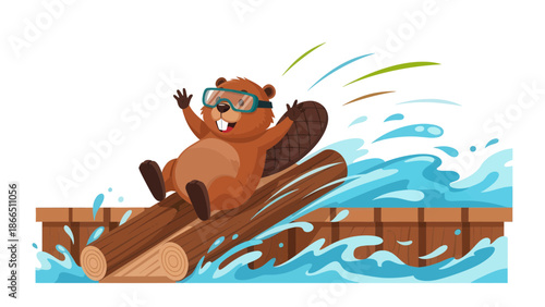 Happy Beaver Riding Log Flume Having Fun With Water Splashes Illustration