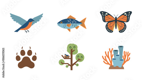 Ecosystem Biodiversity: Flora and Fauna Icons Representing Diverse Habitats